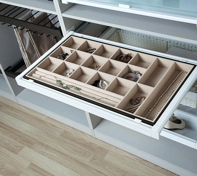INTOO Guide Kit and Drawer Organizer-JOYERO P/Wardrobe 600 mm, Felt Interior Beige, White