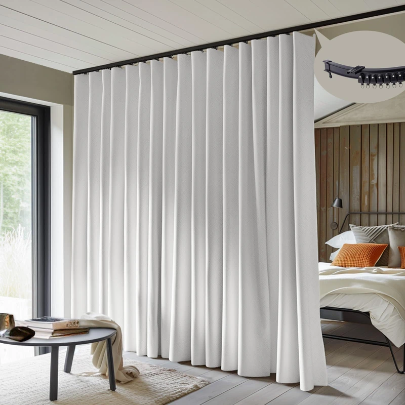 MaKefeile Room Divider Curtains with Flexible Ceiling Curtain Tracks Set,100% Blackout Floor to Ceiling Curtains Patio Sliding Door Curtains (White Drape & Black Rail W 10 × H 7 FT)