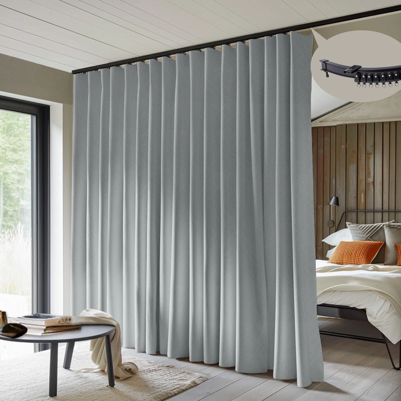 MaKefeile Room Divider Curtains with Flexible Ceiling Curtain Tracks Set,100% Blackout Floor to Ceiling Curtains Patio Sliding Door Curtains (Grey Drape & Black Rail W 10 × H 7 FT)