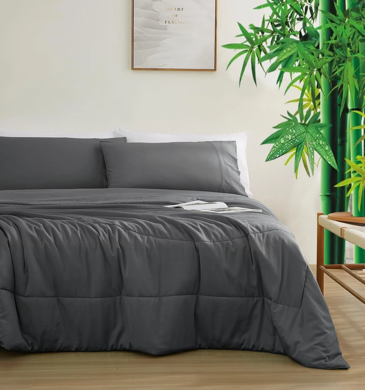 King Comforter/Blanket Sets - Dark Grey,Light Weight Natural Bamboo Viscose Fabric Soft And Smooth .3 Pieces,1 Cooling Breathable Skinfriendly Comforter(104"x90")+ 2 Bamboo Viscose Pillowcases