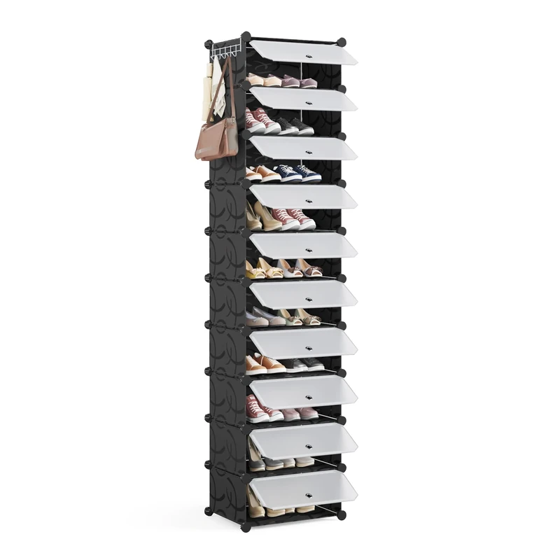 Mondeer Shoe Storage Cabinet, Modular Shoe Rack, Cube Plastic Shoe Organizer with Door, Dustproof and Waterproof for Entrance Hall, Bedroom, Living Room, Stores 20 Pairs of Shoes, Black