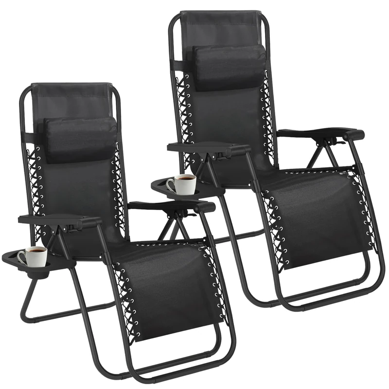 Set of 2 Folding Reclining Adjustable Zero Gravity Lounge Chairs, Garden Chairs leisure Beach Chair with Headrest Sun and Cup Holder Loungers Powder-coated Steel Frames, Sunlounger,Beach Lounger,Black