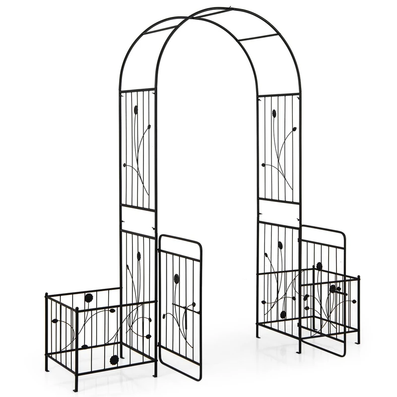 GiantexUK Garden Arch, 2.2M Metal Pergola Trellis Arbour, Rose Vine Climbing Plants Trellis Support Archway for Lawn Patio Wedding Ceremony Party Decoration (with Gate & Planter, 198x50x220 cm)