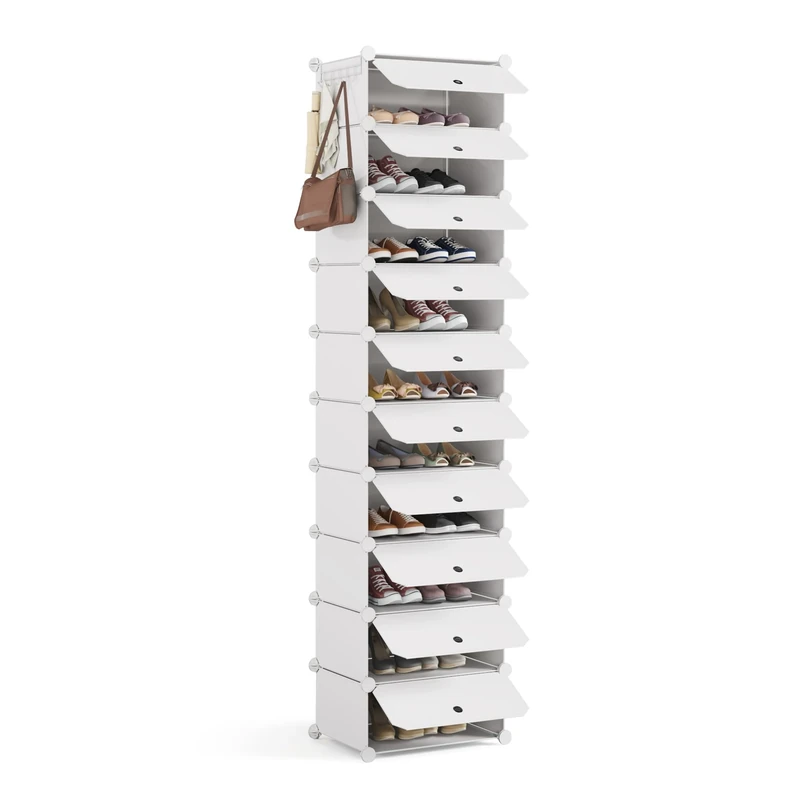 Mondeer Shoe Storage Cabinet, Modular Shoe Rack, Cube Plastic Shoe Organizer with Door, Dustproof and Waterproof for Entrance Hall, Bedroom, Living Room, Stores 20 Pairs of Shoes, White
