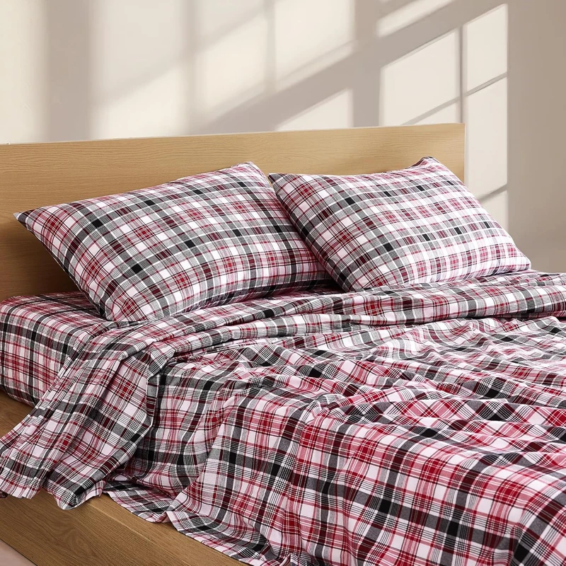 Linen Closet 160 GSM 100% Cotton Percale Sheet Set King Crimson Raven Tartan