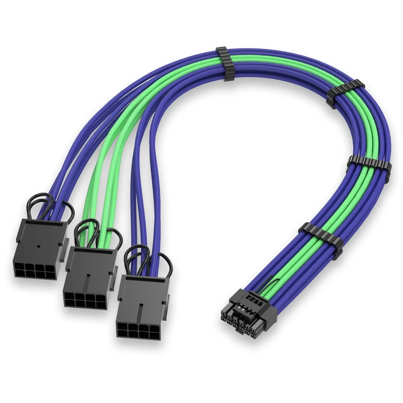 EZDIY-FAB GPU Power Sleeved Cable Extension, 16pin(12+4) PCIe 5.0 Connector Male to 3X PCIE 8 PIN for RTX4070Ti Super, 4080 Super, 4090, with Pre-Installed Cable Combs-16AWG/Purple Green