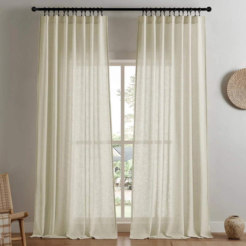 Joydeco Semi Sheer Curtains for Living Room, Linen Curtains 108 Inch Length 2 Panels Set for Bedroom ，White Curtains 108 Inches Long Rod Pockets Back Tab (108" L x 100" W, Linen)