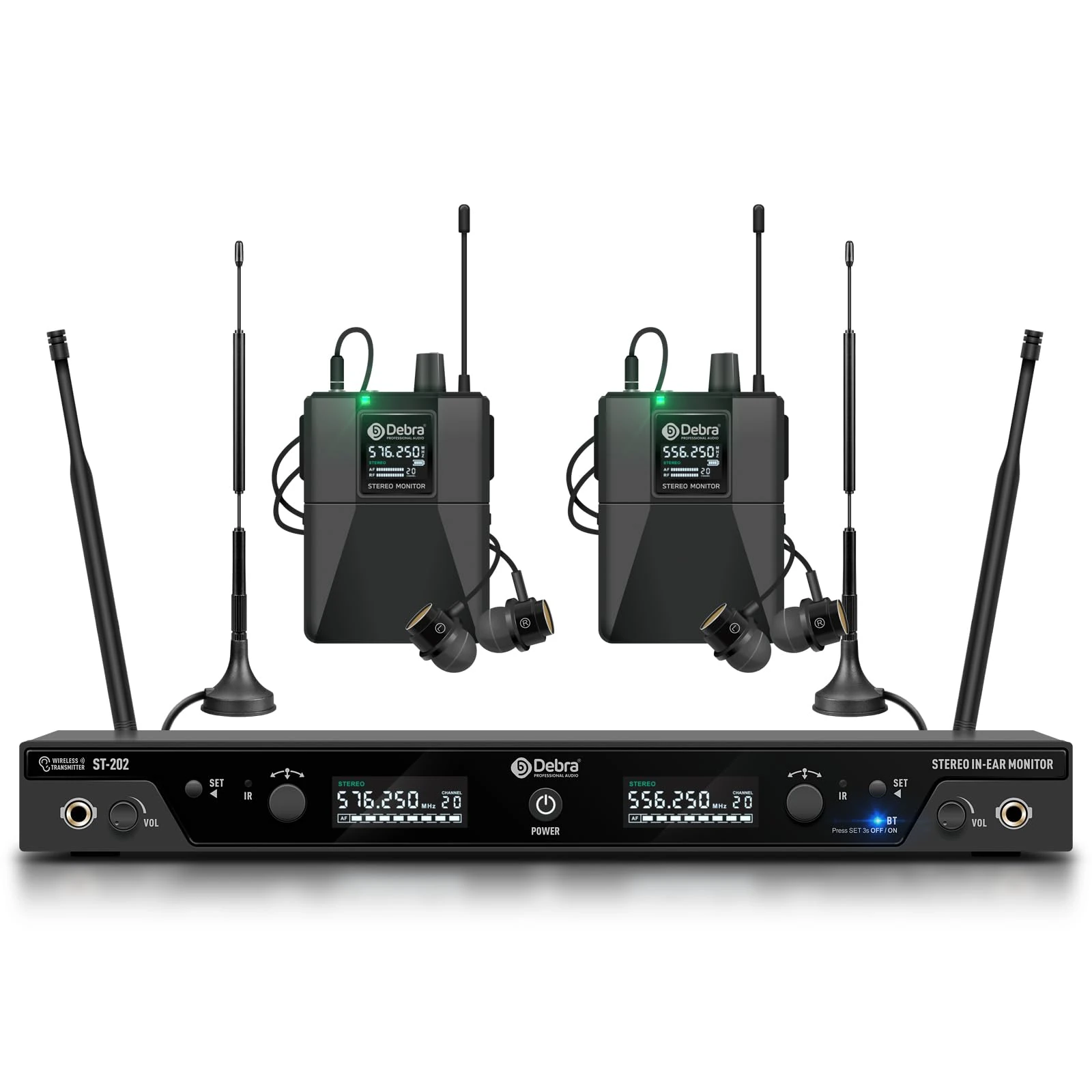 D Debra In Ear Monitor System UHF Stereo Wireless ST-202, Dual Channel Wireless IEM with Monitoring Type for Stage, Receiver for Studio, Guitar, Band Performance (Dual Channel, 2 Bodypack)