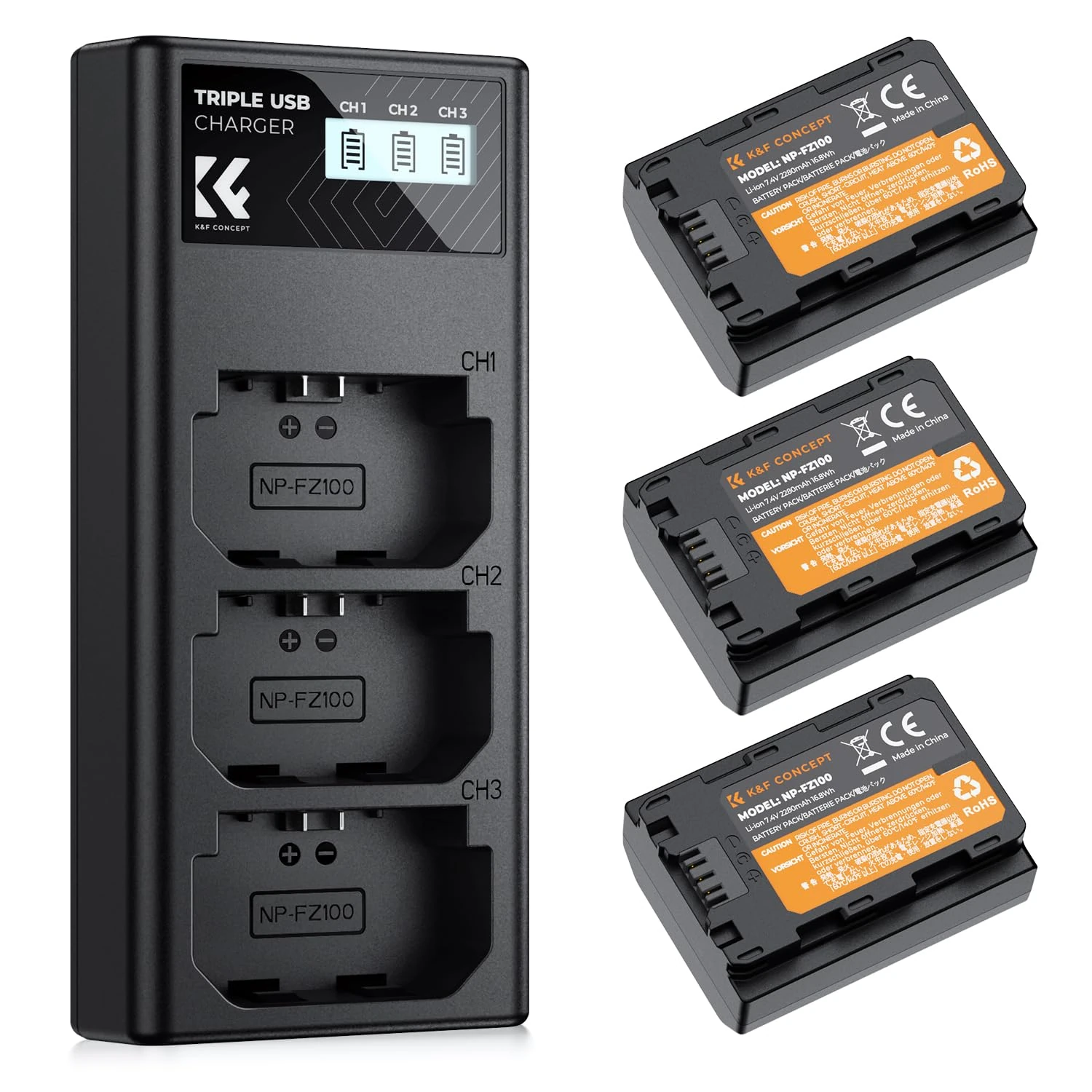 K&F CONCEPT NP-FZ100 Replacement Battery and Charger Set, 3 Pack 2280mAh Battery & Triple Slot Charger for Sony A7iii, A7iv, FX3, FX30, A7C, ZV-E1, A9, A6600, Alpha 9, Alpha 9S, A9S, A7R3, A7R4 Camera