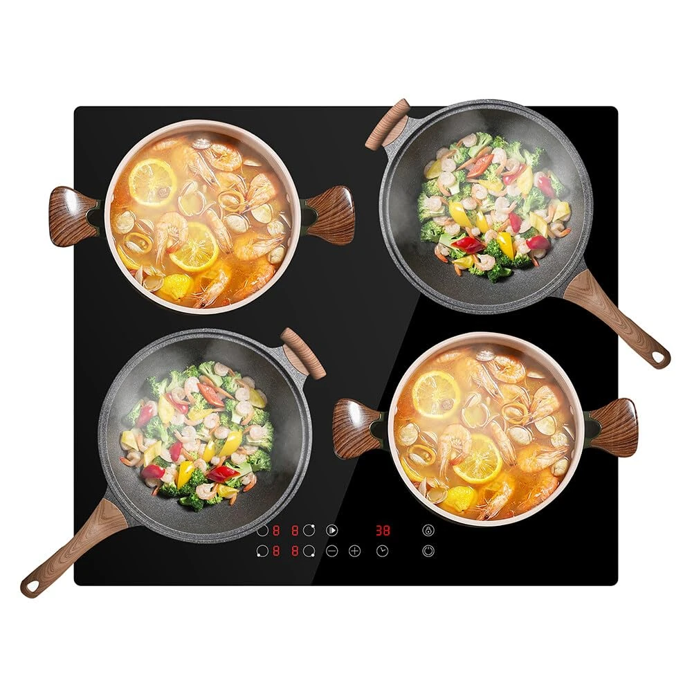 Panana Built-in 4 Zones Induction Hob, Induction Hobs with Slim Black Crystal Panel Body, Independent Control, Induction Cooker with 10 Temperature Setting,99 Mins Timer,7600W, Safety Lock-No Plug