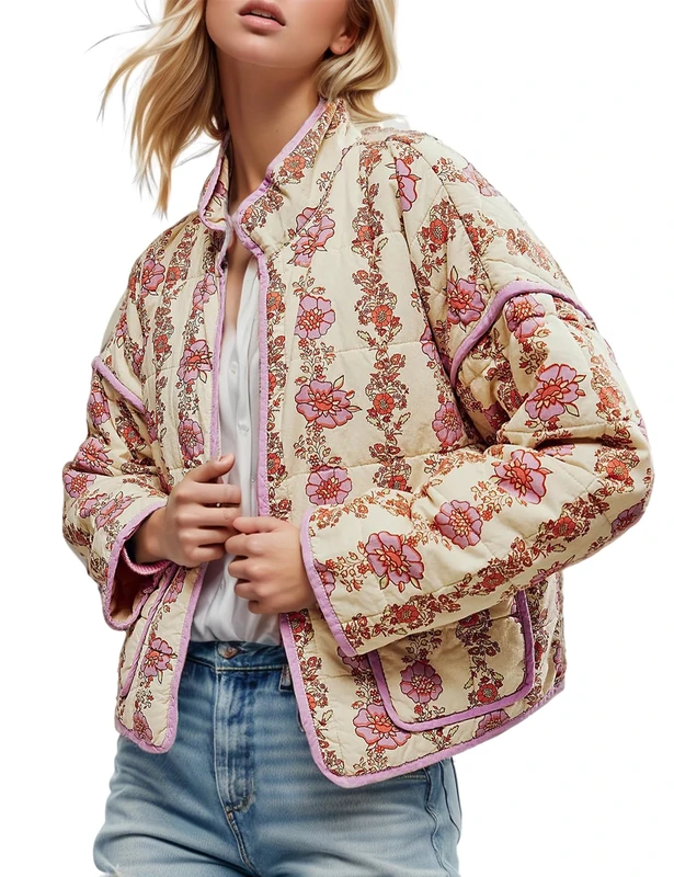 Yimoon Women's Cropped Puffer Quilted Jacket Vintage Floral Print Open Front Lightweight Short Jacket Outwear, Purple, L