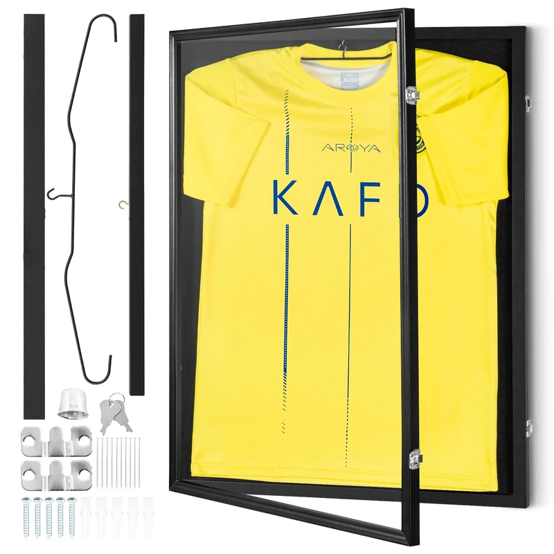 VEVOR Jersey Display Frame Case, 24 x 32 x 1.5 in, Large Lockable Sport Jersey Shadow Box with 98% UV Protection PC Glass and Hangers, for Baseball Basketball Football Hockey Shirt and Uniform, Black - Image 1