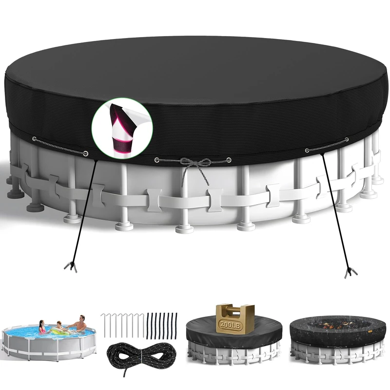 HIGHTQURO 21Ft Round Pool Cover,Heavy Duty Waterproof Round Pool Covers for Above Ground Pools with Ground Nails and Windproof Ropes,Increase Stability&Tear-Resistant, Waterproof and Dustproof, Black