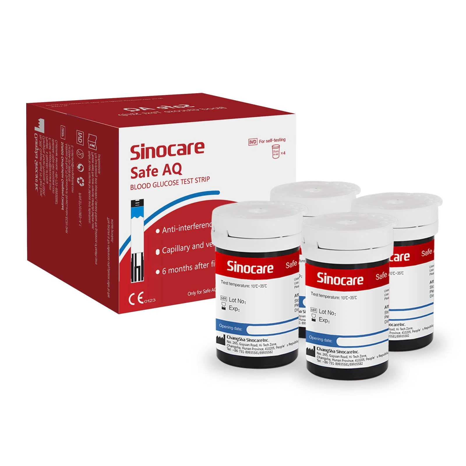 sinocare Blood Sugar Test Strips × 100pcs, No Lancing Devices, Only Applicable to Safe AQ Smart Blood Glucose Monitor and Safe AQ Voice Blood Glucose Monitor