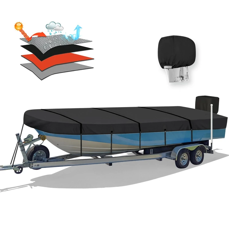 Solim 14FT Jon Boat Cover with Motor Cover, 800D PU Waterproof Heavy Duty Mooring Cover, Trailerable Marine Grade Polyester Canvas Replacement for Jon Boat 14' Long Beam Width Up to 70 in, Black