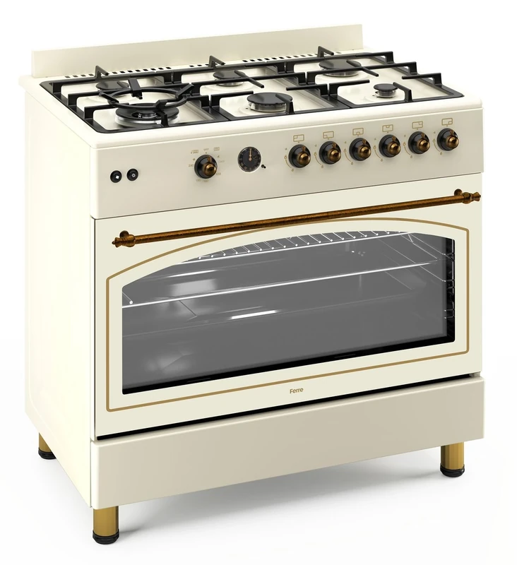 Ferre F9S60GF-CR-RETRO 90cm Gas Range Cooker With Double Turbo Fan & 6 Burner(1 Wok) Gas Hob - Cream