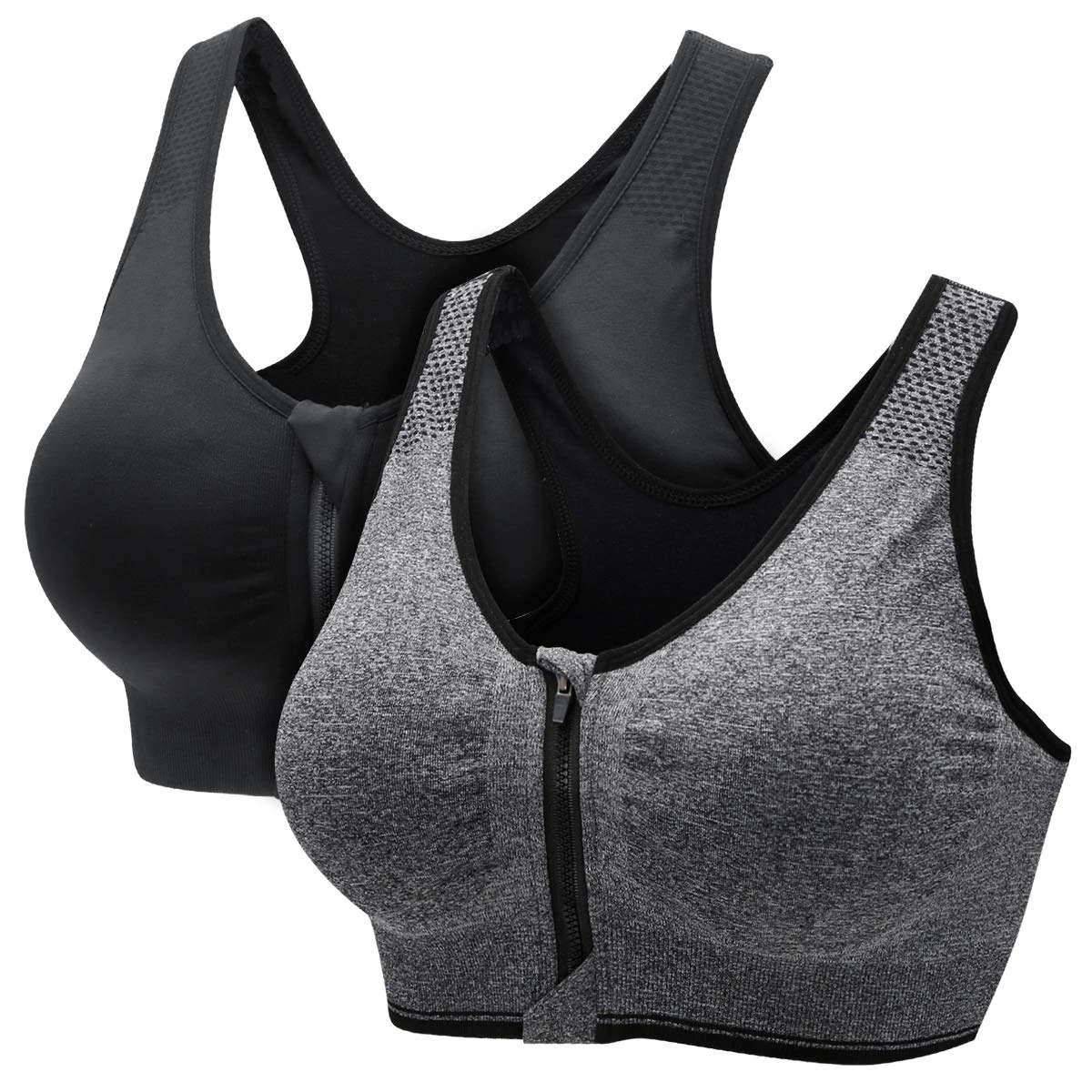 CARETOO Women's Sports Bra Front Zip Wireless Bras Shock Absorber Sports Bra, Stress Training Yoga Bustier with Removable Pads for Running Gym Fitness (Black & Grey, 4XL)