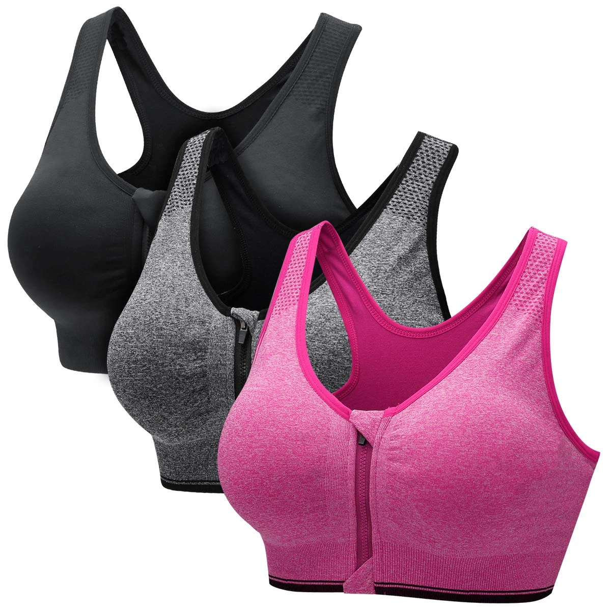 CARETOO Women's Sports Bra Front Zip Wireless Bras Shock Absorber Sports Bra, Stress Training Yoga Bustier with Removable Pads for Running Gym Fitness (Black & Grey & Rose, 4XL)