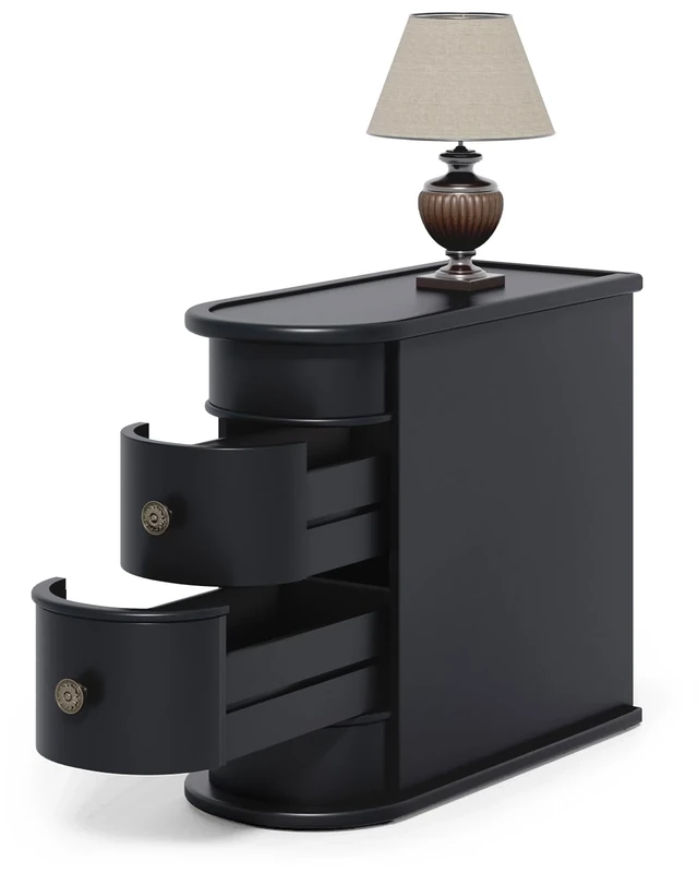 LITTLE TREE End Table, Black Wooden Side Table with 2 Drawers, No Assembly Required Sofa Side Table, Closed Back, Vintage Slim Nightstand Bedside Table for Bedroom