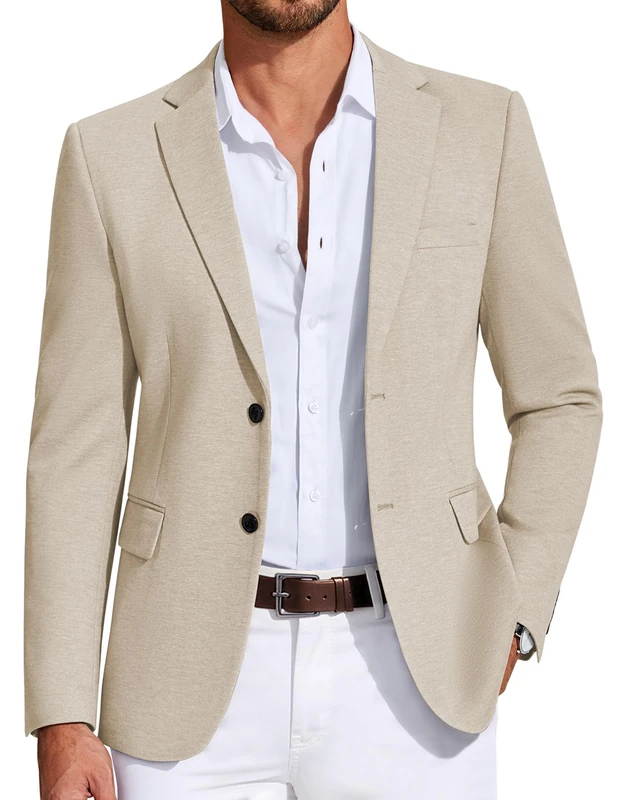 Coofandy Mens Casual Blazer Knit Sport Coat Lightweight Two Button Suit Jacket, Light Khaki, M