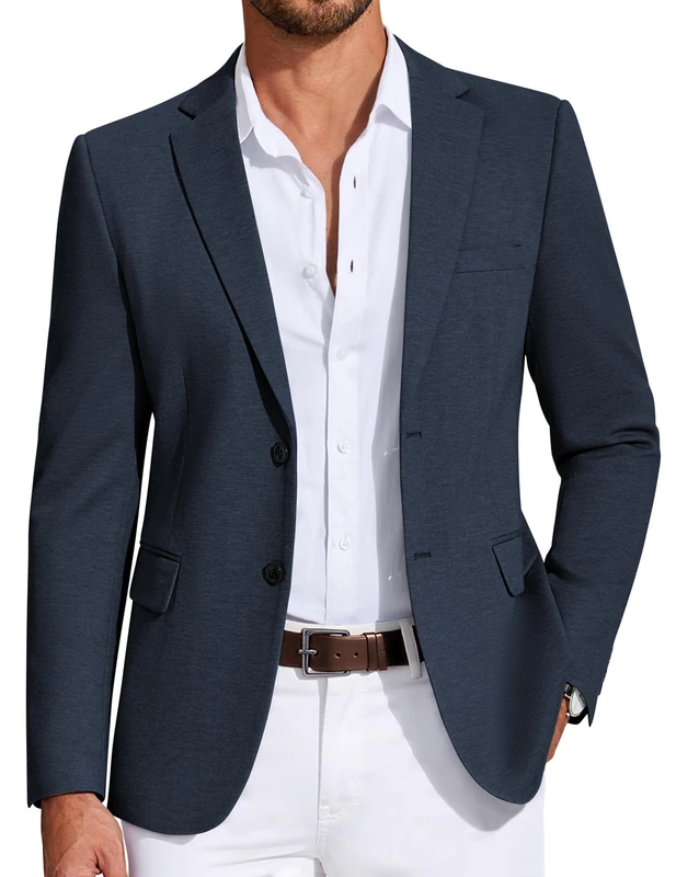 Coofandy Mens Casual Blazer Knit Sport Coat Lightweight Two Button Suit Jacket, Navy Blue, L