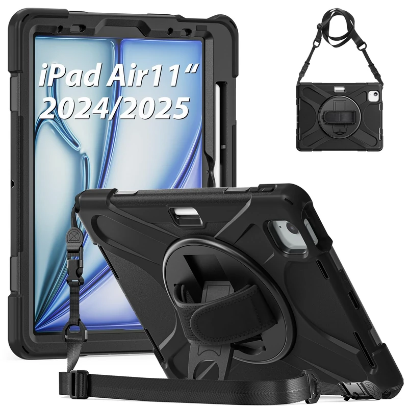Gerutek for iPad Air 11 inch Case 2025(M3 7th) /2024(M2 6th), iPad Air 5th/Air 4th Generation Shockproof Rugged Case with[360 Rotating Stand/Hand Strap][Pencil Holder], Black