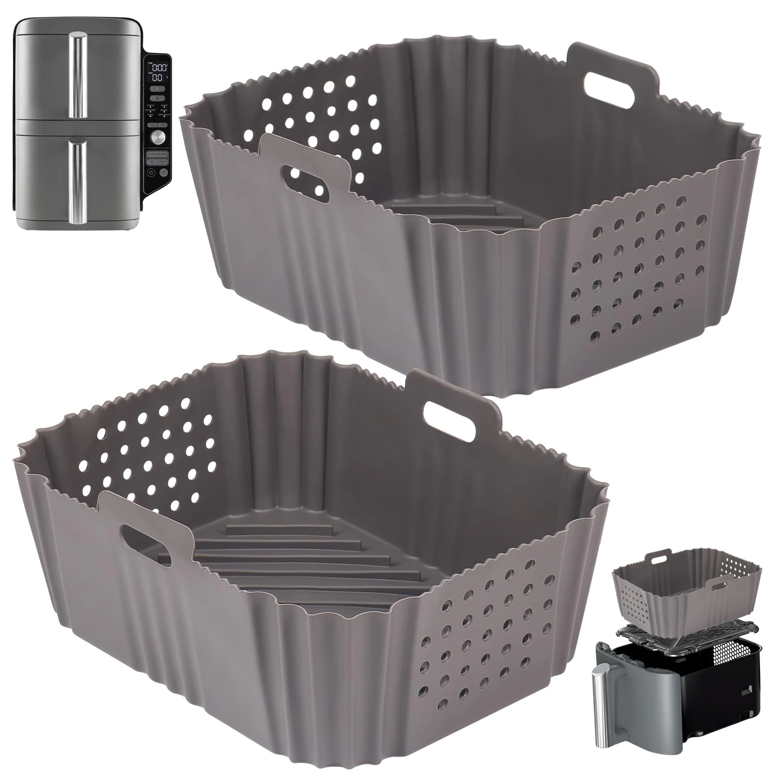 BYKITCHEN Air Fryer Silicone Liner for Ninja Double Stack XL 9.5L SL400UK, Perforated Air Fryer Liners Reusable, Air Fryer Accessories for Ninja Double Stack Vertical Dual Drawer Airfryer (2 PCS)