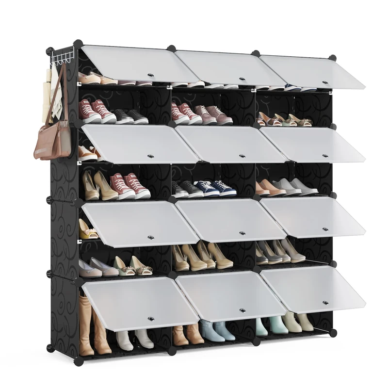 Mondeer Shoe Storage Cabinet, 3x7 Tier Cube Plastic Shoe Organiser, Modular Shoe Rack with Door, Holds 42 Pairs of Various Shoes, Space-Saving, Suitable for Corridors, Bedrooms, Entrances, Black