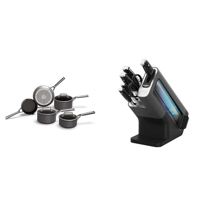 Ninja ZEROSTICK Premium 5-Piece Pan Set, Long Lasting Non-Stick, 3X Saucepans & Foodi StaySharp Knife Block with Integrated Sharpener; 5 Knives and Scissors (1 Pair), Sharp 6-Piece Knife Set;