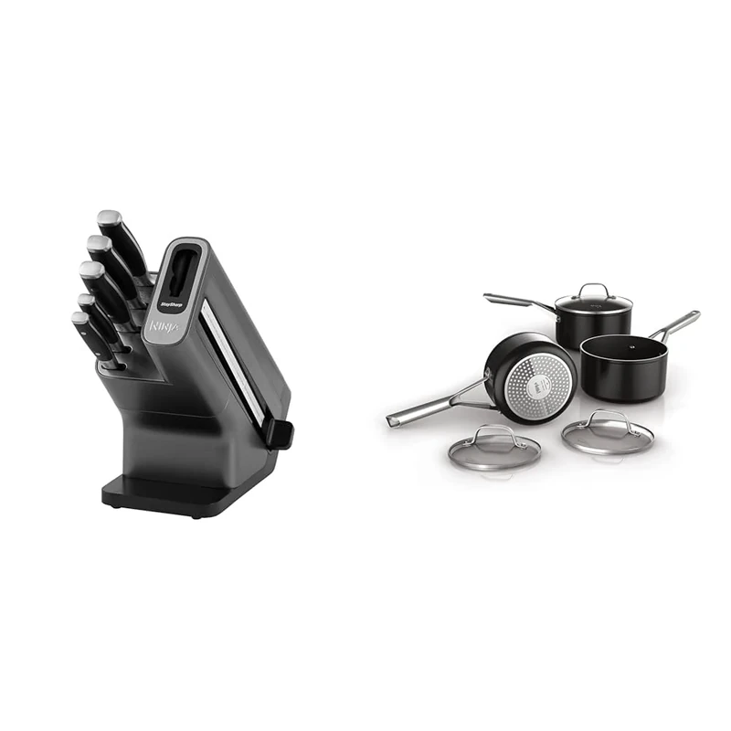 Ninja Foodi StaySharp Knife Block with Integrated Sharpener, 5-Piece Knife Set & ZEROSTICK Essentials Cookware 3-Piece Saucepan Set with Glass Lids, Non-Stick, Long Lasting, Forged Aluminium Pan