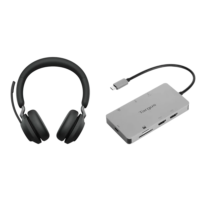 Jabra Evolve2 65 Wireless PC Headset – Noise Cancelling UC Certified Stereo & Targus Docking Station USB-C Dual HDMI 4K Monitor Display Ports, Gigabit Ethernet, Micro SD, 2x USB 3.0 (DOCK423EU)
