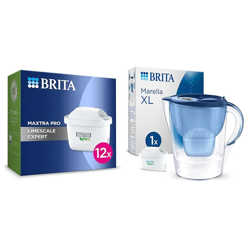 MAXTRA PRO Limescale Expert Water Filter Cartridge 12 Pack - Original BRITA Refill & Marella XL Water Filter Jug Blue (3.5L) incl. 1x MAXTRA PRO All-in-1 Cartridge - Large-Volume jug