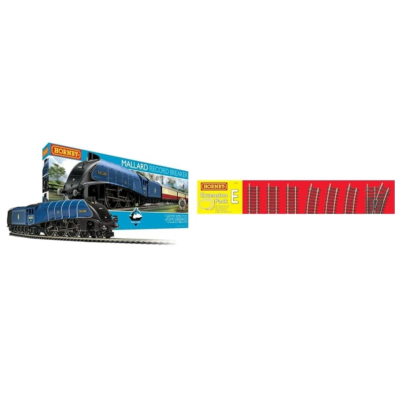 Hornby Train Set - R1282M Mallard Record Breaker Analogue OO Gauge Locomotives & R8225 OO Gauge Track Extension Pack E - Extra Track Pieces for Model Railway Sets, Model Train Track Pieces