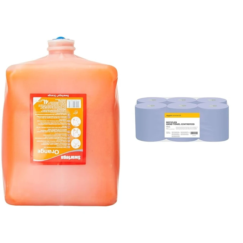 Swarfega Orange Hand Wash, Solvent-Free Heavy Duty Hand Cleaner & AmazonCommercial Recycled Blue 2-Ply Paper Hand Towels, Centre Feed Compatible, 30 cm x 20 cm, 2700 Sheets