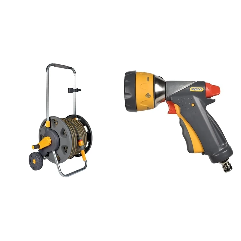 HOZELOCK - Cart Plus 50m of Ultramax Hose (12.5 mm): Max Capacity 60m, Rewind Handle & HOZELOCK - Multi-Jet Spray Gun Ultramax Pro Metal : for Intensive Watering, Ergonomic and Extremely Robust