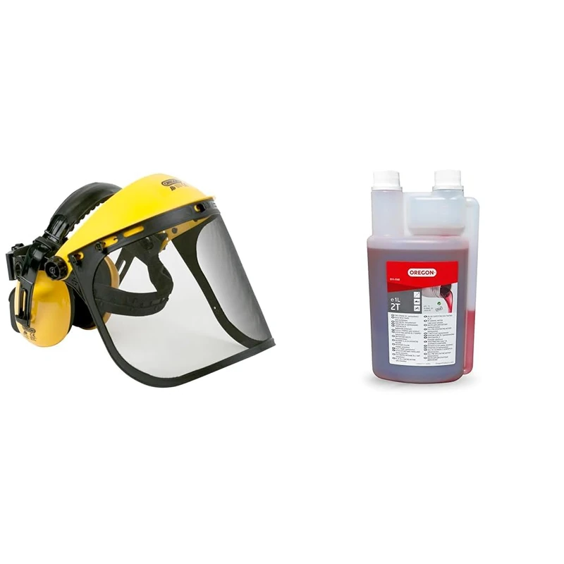 Oregon Q515061 Browguard, Ear Protectors & Steel Mesh Visor Combination & 2-Stroke Engine Oil, Self-Mixing Partly Synthetic Mineral Oil, Clean Burning, Low Ash Lubricant, Protects Engine