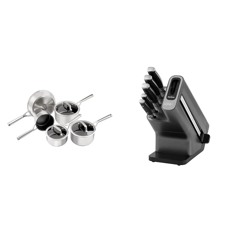 Ninja ZEROSTICK 5-Piece Pan Set, Long Lasting Non Stick,16cm, 18cm & 20cm Saucepans & Foodi StaySharp Knife Block with Integrated Sharpener, 5-Piece Knife Set Includes Chef Knife, Bread Knife