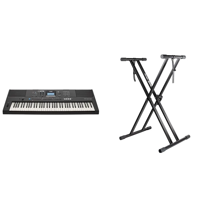 YAMAHA PSR-EW425 Digital Keyboard - Versatile, Portable & RockJam XX-363 Xfinity Doublebraced Pre Assembled Keyboard Stand with Locking Straps & Lessons.,Black