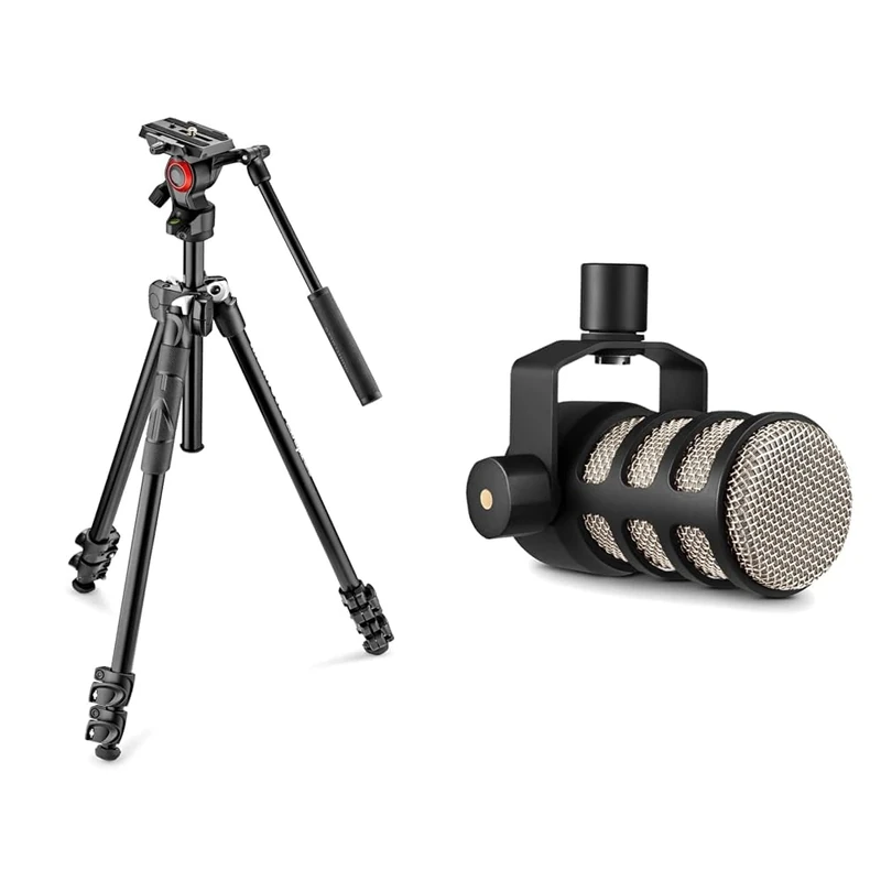 Manfrotto MK290LTA3-V, Kit 290 Light with Video Fluid Head, Aluminium, for DSLR & RØDE PodMic Broadcast-quality Dynamic Microphone with Integrated Swing Mount for Podcasting, Streaming, Gaming