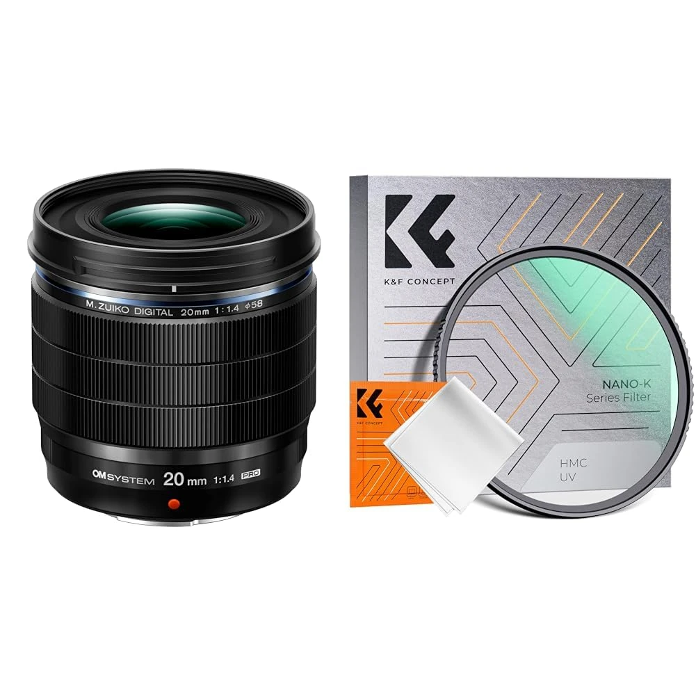 OM System M.ZUIKO DIGITAL ED 20mm F1.4 PRO, standard pro lens, suitable & K&F Concept 58mm UV Filter Ultra Slim Japan Optics Multi Coated Ultraviolet Protection Lens Filter with Cleaning Cloth