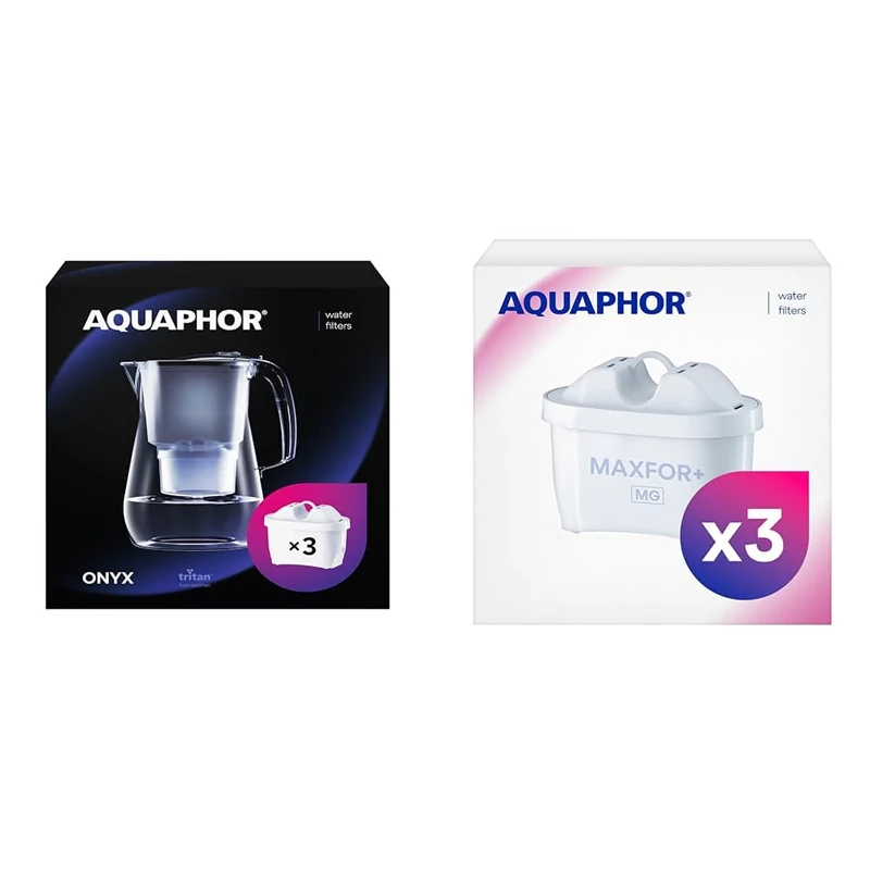 AQUAPHOR Onyx Black Water Filter Jug - Counter Top Design with 4.2L Capacity, 3 X MAX & Maxfor+ with Added Magnesium Replacement Filter Cartridge Pack of 3, Compatible with All Aquaphor Maxfor+ Filte - Image 1