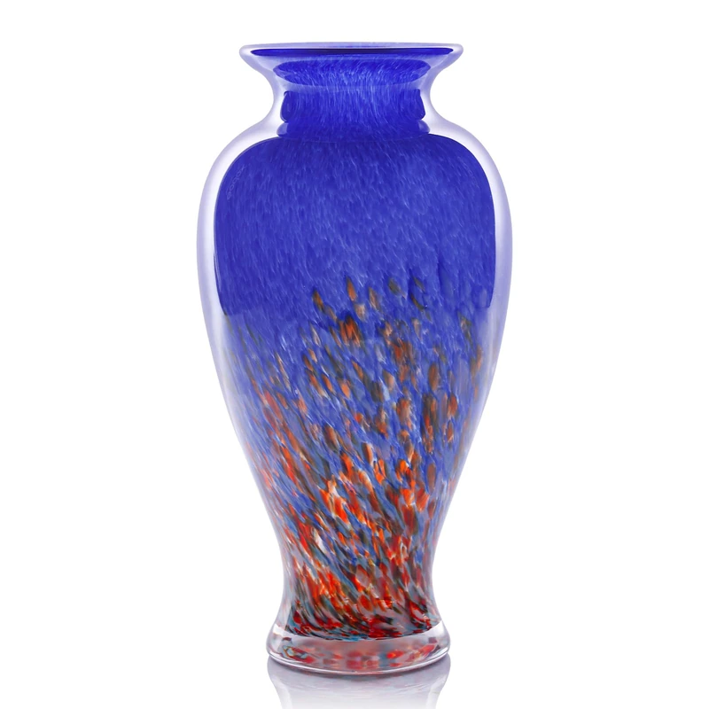 Hand Blown Glass Vase 11.8" Tall Beautiful Dark Blue Sea Wide Mouth Bud Vase for Table Centerpiece, Painted Colorful Murano Glass Flower Vases for - Home Entrance Wedding Center