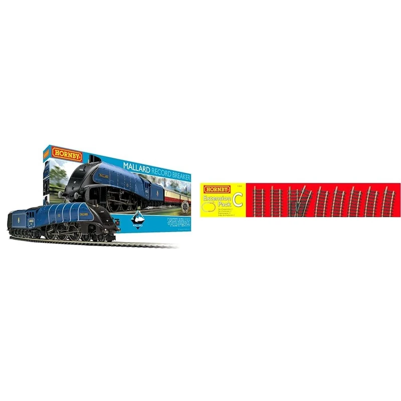 Hornby Train Set - R1282M Mallard Record Breaker Analogue OO Gauge Locomotive & R8223 OO Gauge Track Extension Pack C - Extra Track Pieces for Model Railway Sets, Model Train Track Pieces