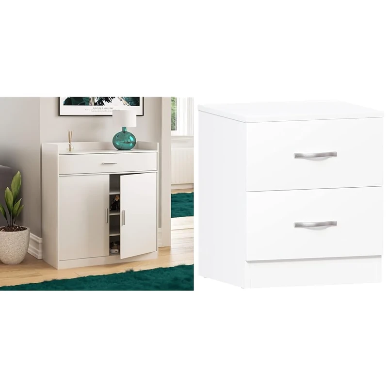 Vida Designs Dalby Modern Shoe Cabinet, 2 Door 1 Drawer, Hallway Cupboard Storage & White Bedside Cabinet, 2 Drawer With Metal Handles & Runners, Unique Anti-Bowing Drawer Support