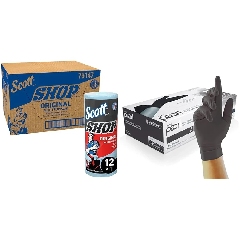 Scott Shop Towels Original 75147 - Heavy Duty Blue Towels - 12 Packs of 1 Blue Roll & Unigloves Black Pearl Nitrile Examination Gloves - Multipurpose, Powder Free and Latex Free Disposable Gloves