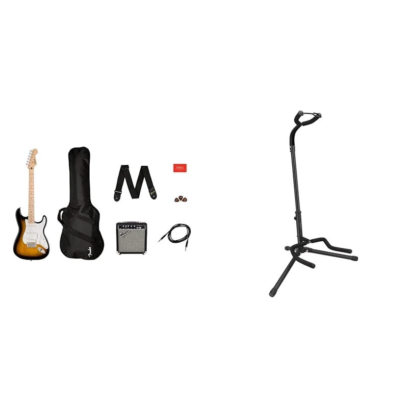 Squier by Fender Sonic Stratocaster Electric Guitar Pack, Maple Fingerboard & Amazon Basics Guitar Stand, Adjustable Folding Rack For Acoustic, Electric, Bass Guitars & Banjos, Black