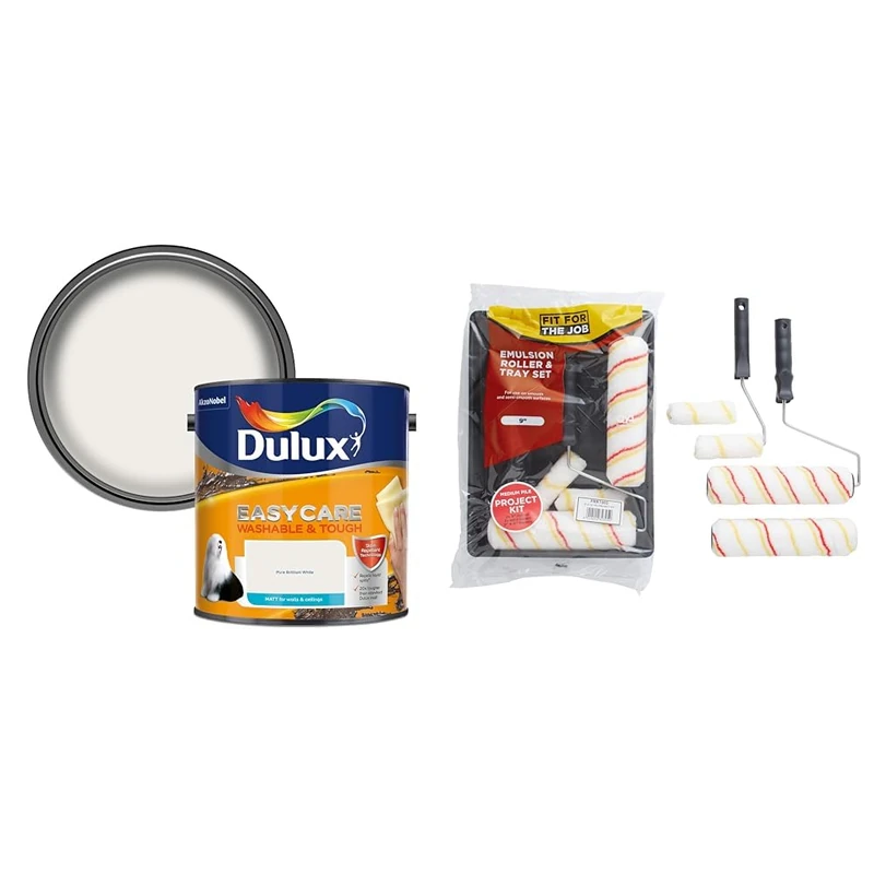 Dulux Easycare Washable and Tough Matt Emulsion Paint For Walls And Ceilings & Fit For The Job FRRT003 7 piece Emulsion Paint Roller Set, 2x 9 inch & 2x Mini Paint Rollers, Frames & Paint Tray