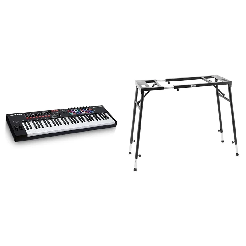 M-Audio Oxygen Pro 61 – 61 Key USB MIDI Keyboard Controller With Beat Pads, MIDI & TIGER KYS21-BK Adjustable Platform Keyboard Stand - Flat Top Stand for Keyboards and Mixers - Black
