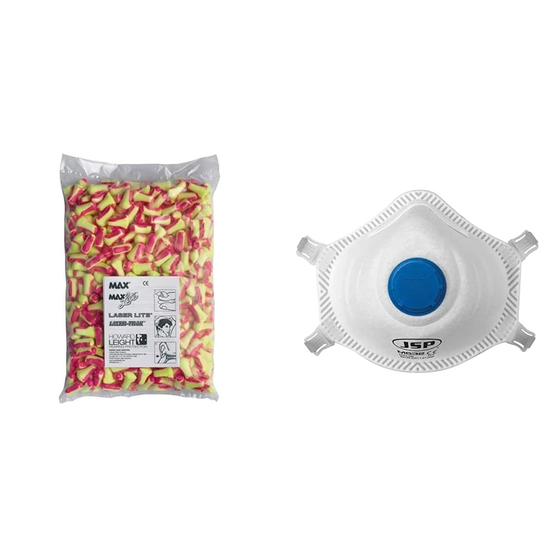 Howard Leight by Honeywell Laser-Lite Single-Use Earplug Refill Pack, SNR 35 & JSP M632 FFP3moulded Disposable Dustmask (Box of 10) One Size Suitable for Construction, DIY, Industrial, Sanding