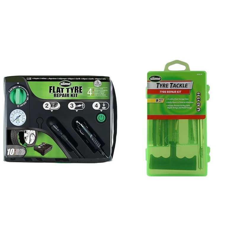Slime 50129 Flat Tyre Puncture Emergency Kit, Includes Sealant and Tyre Inflator Pump & 20133-95 Tyre Repair Tackle Kit, For All Tyres, Quick and Easy Repair, 9-Piece Set